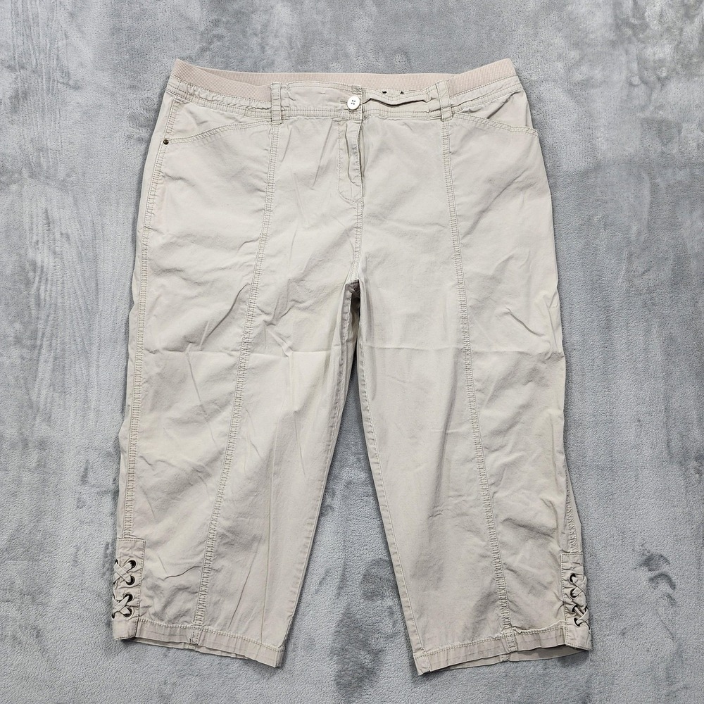 Avenue Pants Womens 18‎ Plus Beige Twill Capri Crop Laced Up Hem Stretch Casual